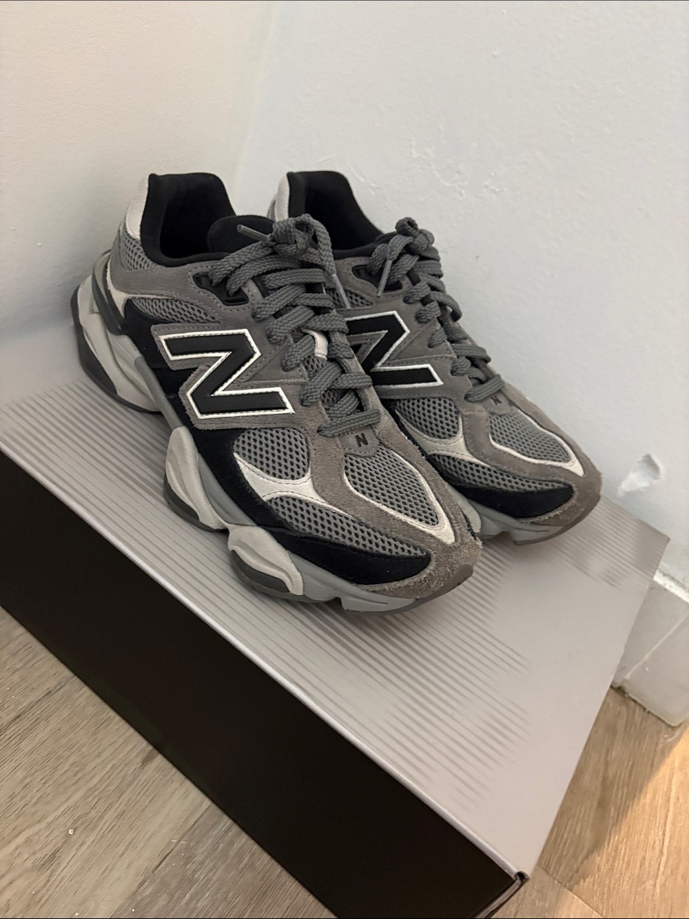 New Balance Grey and Black Mesh Suede Athletic Sneakers